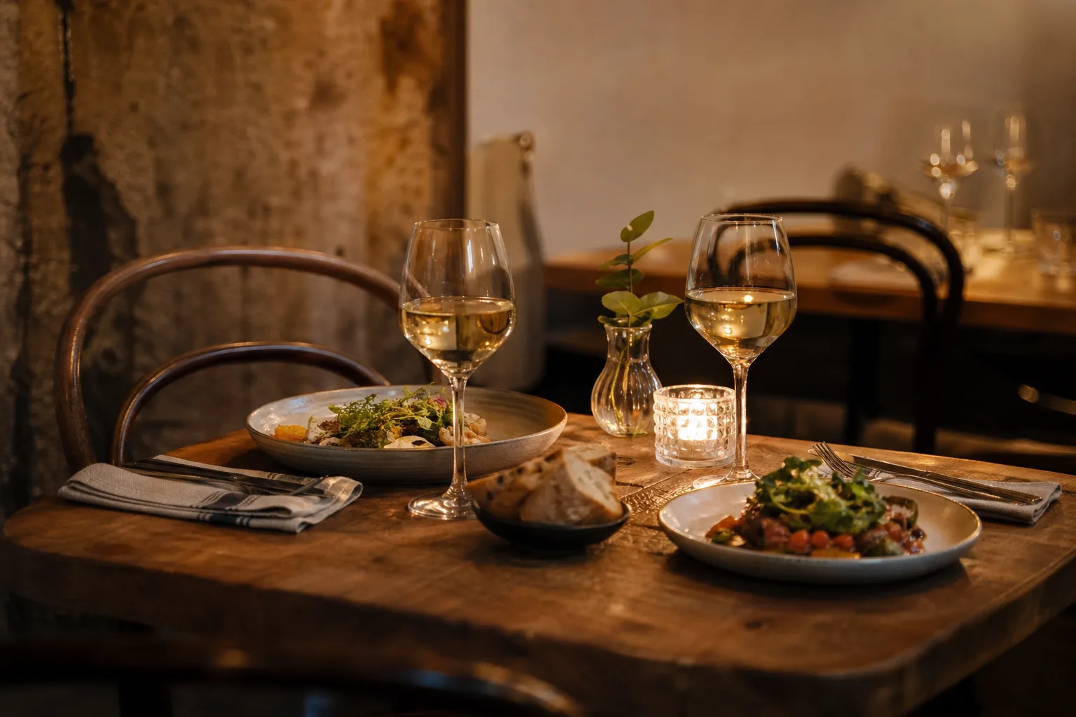 Två vinglas och två dukade platser vid ett litet restaurangbord för ett par en kväll