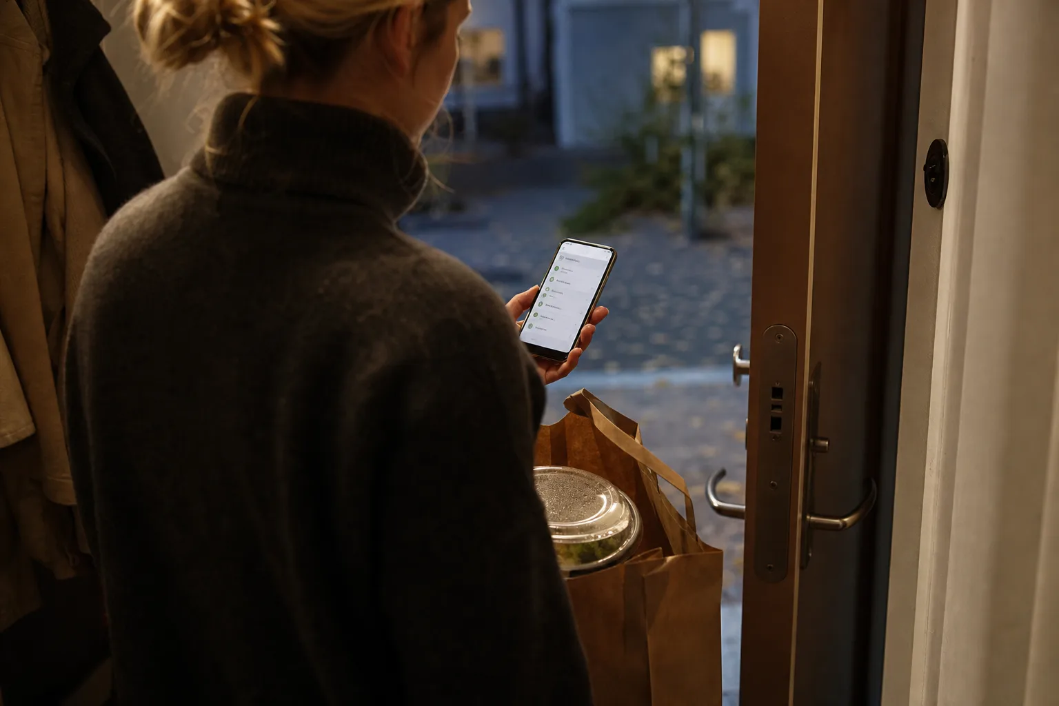 Person läser en orderöversikt i telefonen vid dörren med matkasse i handen