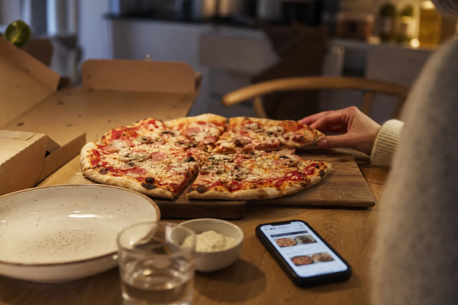 Nybakad pizza uppskuren på ett köksbord bredvid en pizzakartong och en mobiltelefon med en beställningsapp
