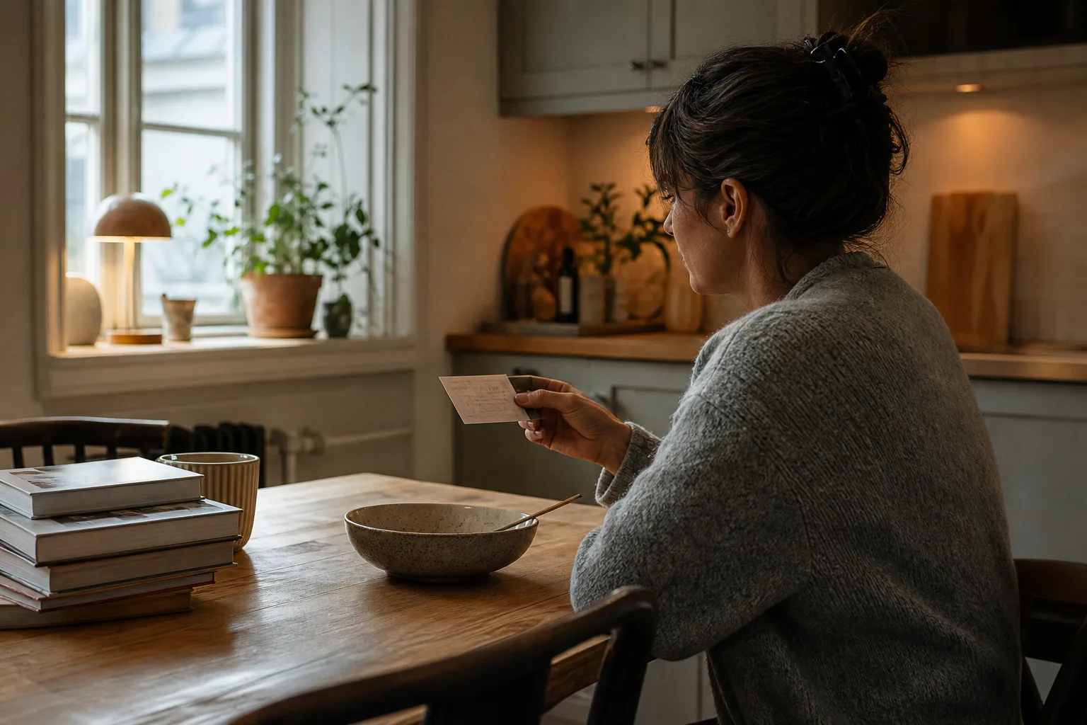 En person tittar eftertänksamt på ett litet restaurangpresentkort vid ett köksbord