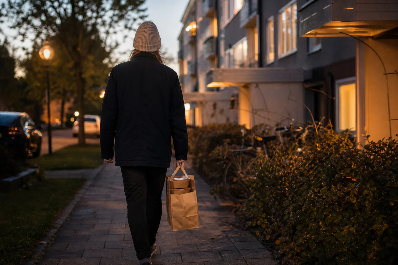 En person bär hem en påse med takeaway-lådor på en kvällspromenad