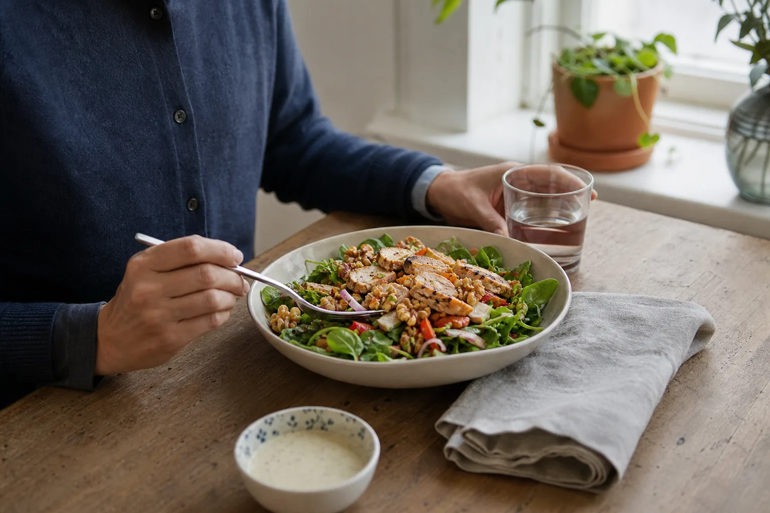 En färgstark lunchsallad med grönsaker, kyckling och nötter på ett köksbord hemma, dagsljus genom fönstret