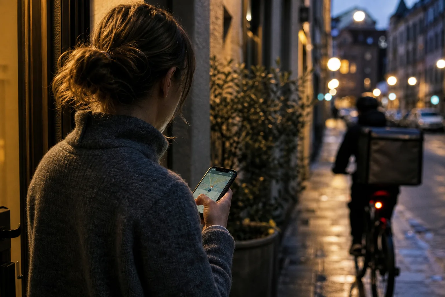 Person kollar leveransstatus i telefonen vid ytterdörren medan en leveranscyklist närmar sig på gatan