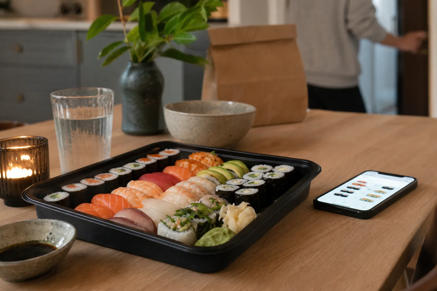 Sushibricka med nigiri och maki uppdukad på ett köksbord bredvid en mobiltelefon med en beställningsapp öppen