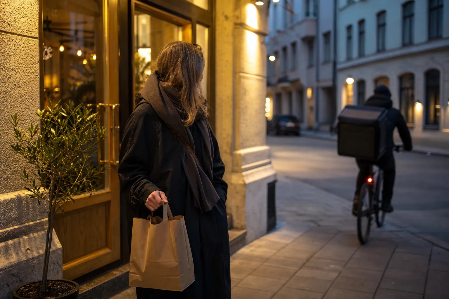 En person med en takeaway-påse utanför en restaurang medan en leveranscyklist passerar bakom