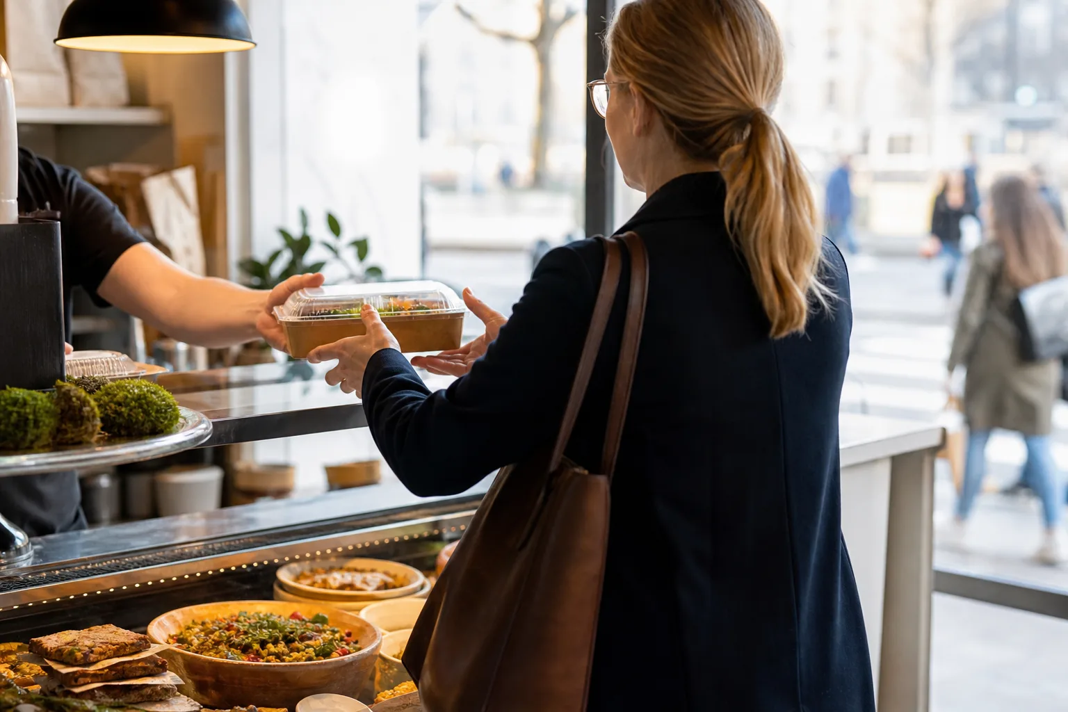 En kontorsarbetare hämtar en lunchlåda i en restaurangdisk mitt på dagen