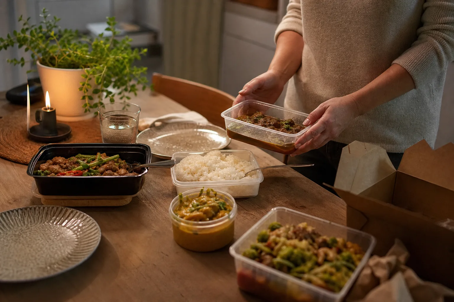 Ett köksbord med sparade takeaway-rester i öppna matlådor redo att ställas in i kylen