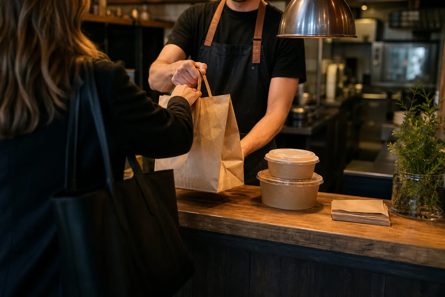 Person hämtar en påse med takeaway-lådor i restaurangens disk för avhämtning