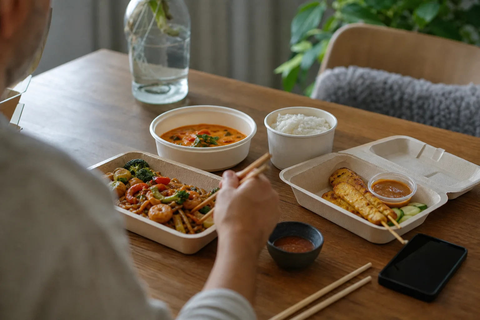 Thailändsk wok och röd curry i lådor uppdukade på ett köksbord med pinnar och en mobiltelefon bredvid