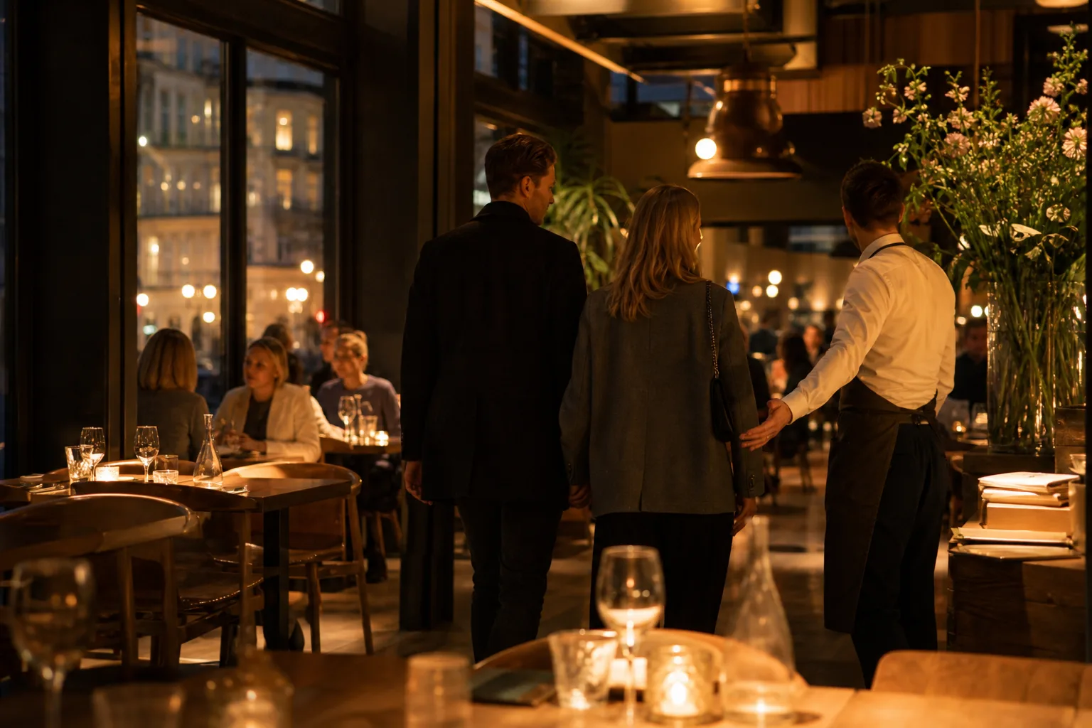 Ett par visas till sitt bokade bord av en servitör en kväll i en storstadsrestaurang