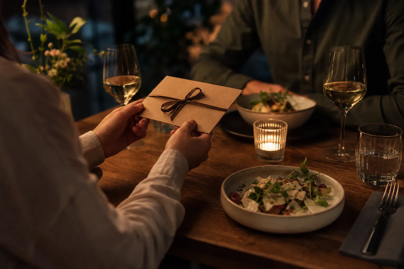 Ett värdebevis för en restaurangupplevelse läggs fram vid ett dukat bord