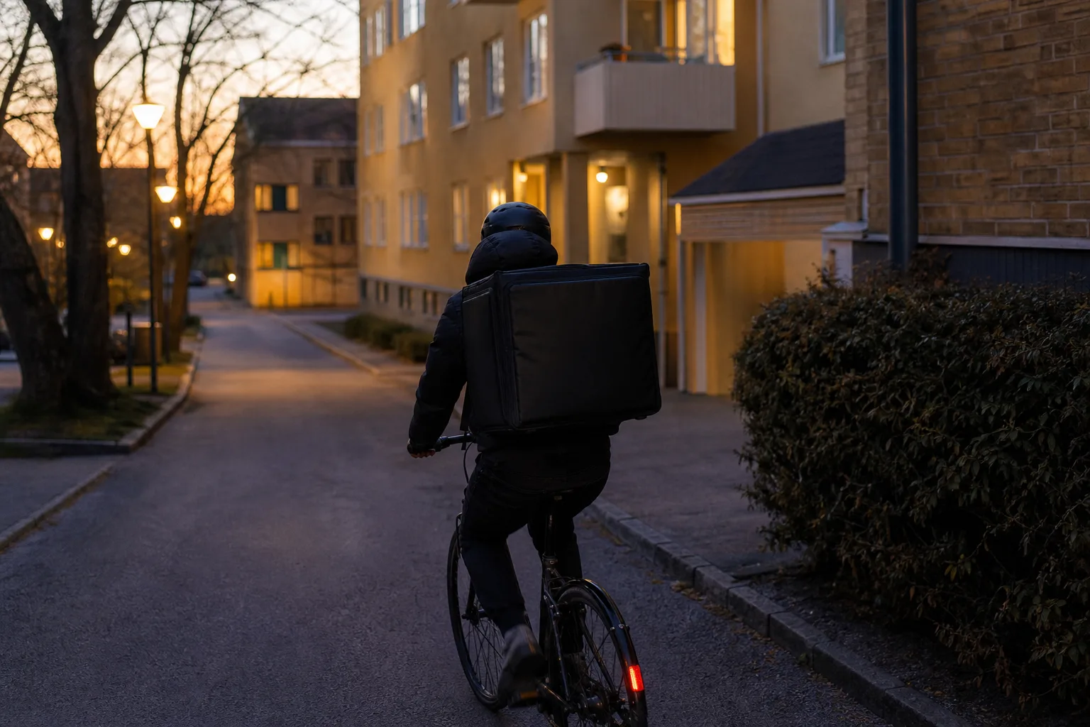 Leveranscyklist på väg mot en adress med en beställning i ryggsäcken