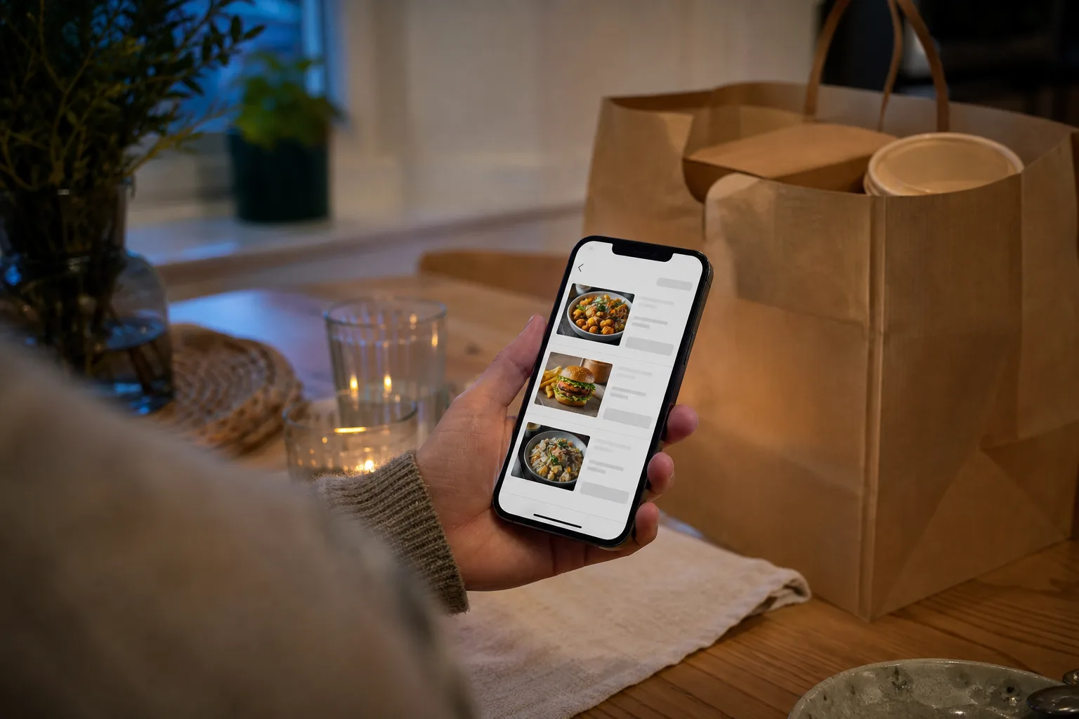 Hand som håller en mobiltelefon med en matleveransapp öppen vid ett köksbord
