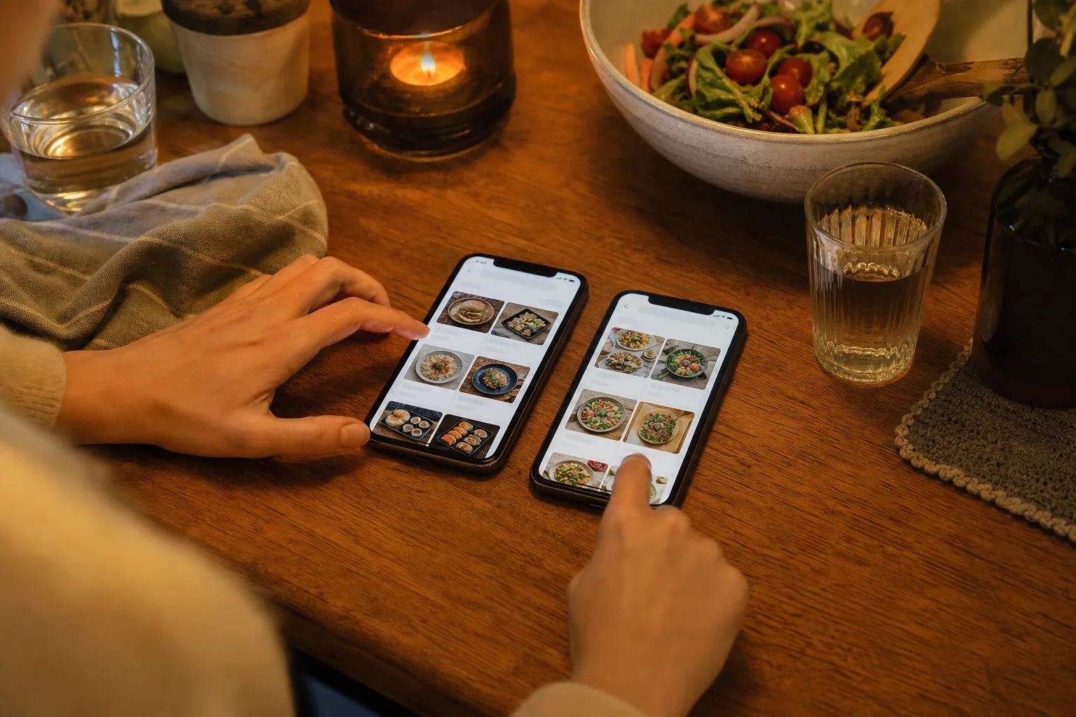 Två mobiltelefoner sida vid sida med varsin matleveransapp öppen på ett köksbord