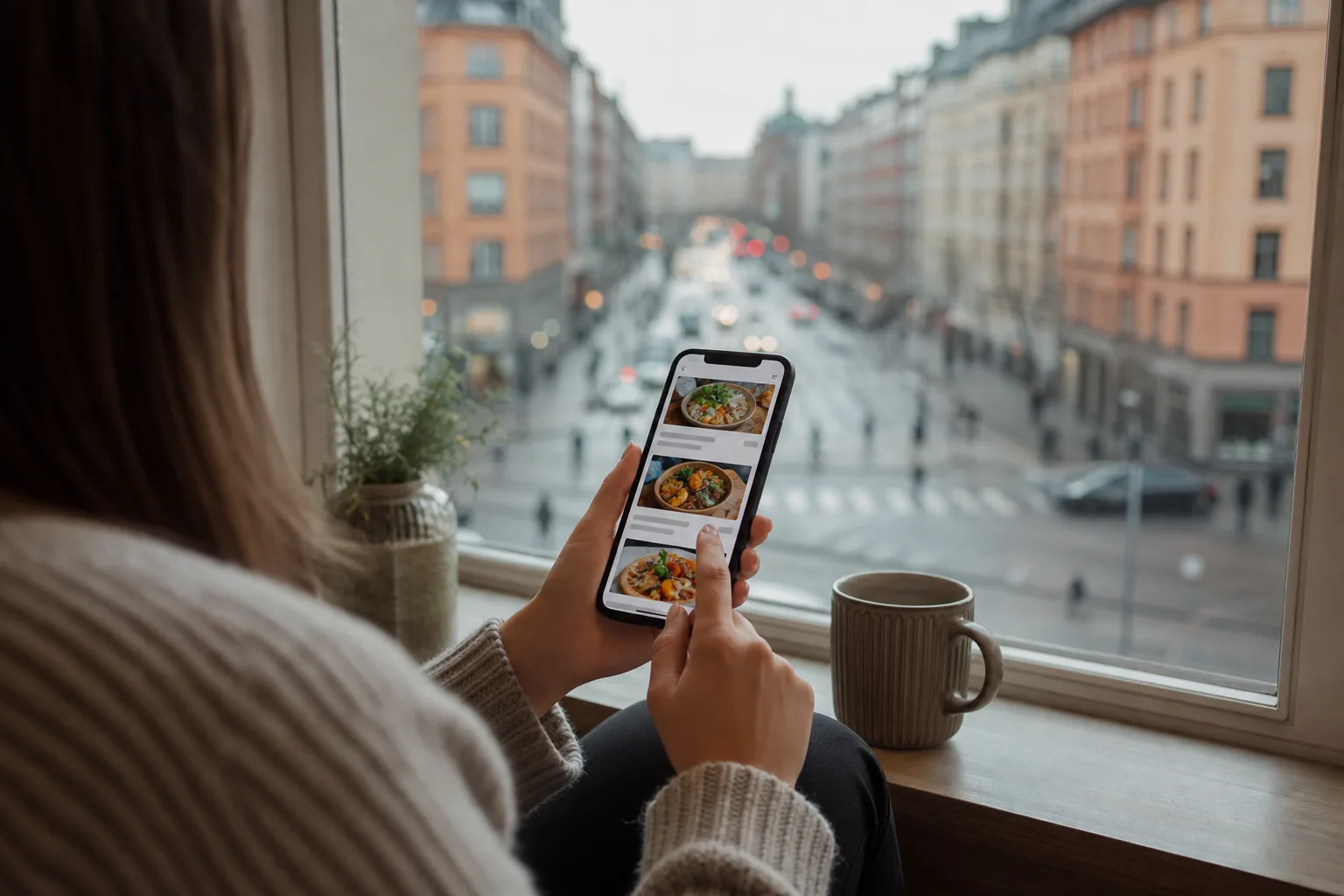 Person söker efter restauranger i en matleveransapp på mobilen i en storstadsmiljö