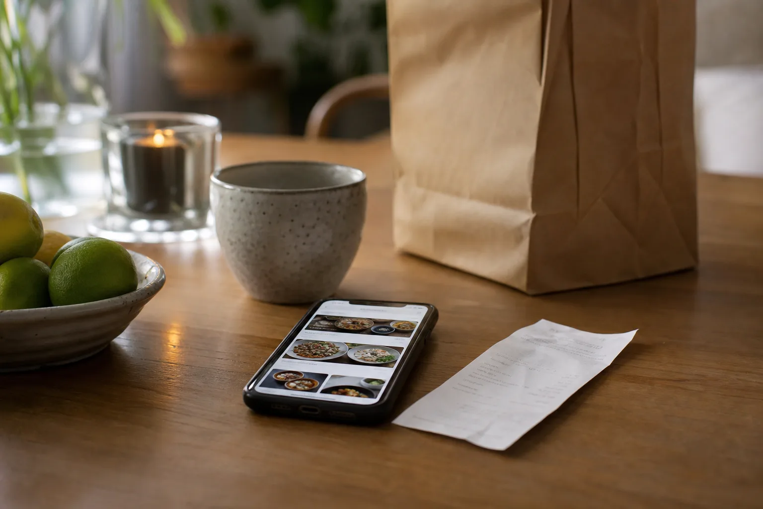 Kvitto och mobiltelefon med Wolt-appen bredvid varandra på ett köksbord